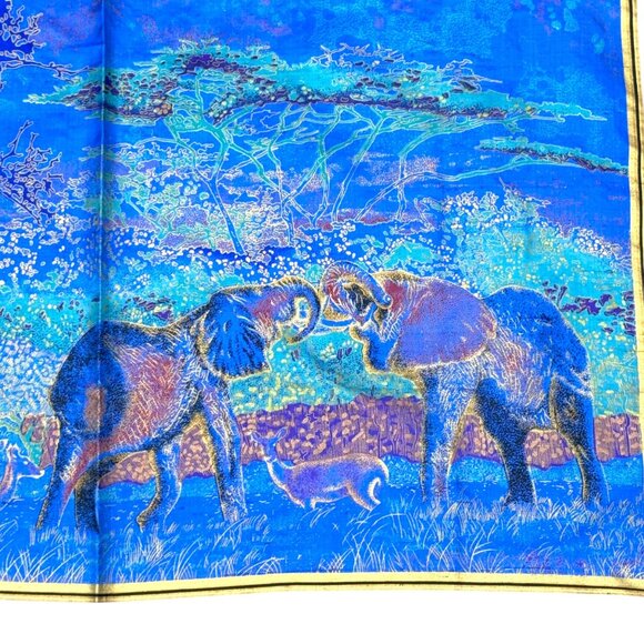 Vintage Thai Silk Scarf Black Gold Safari Elephants African Wildlife Print 34" - Picture 3 of 8